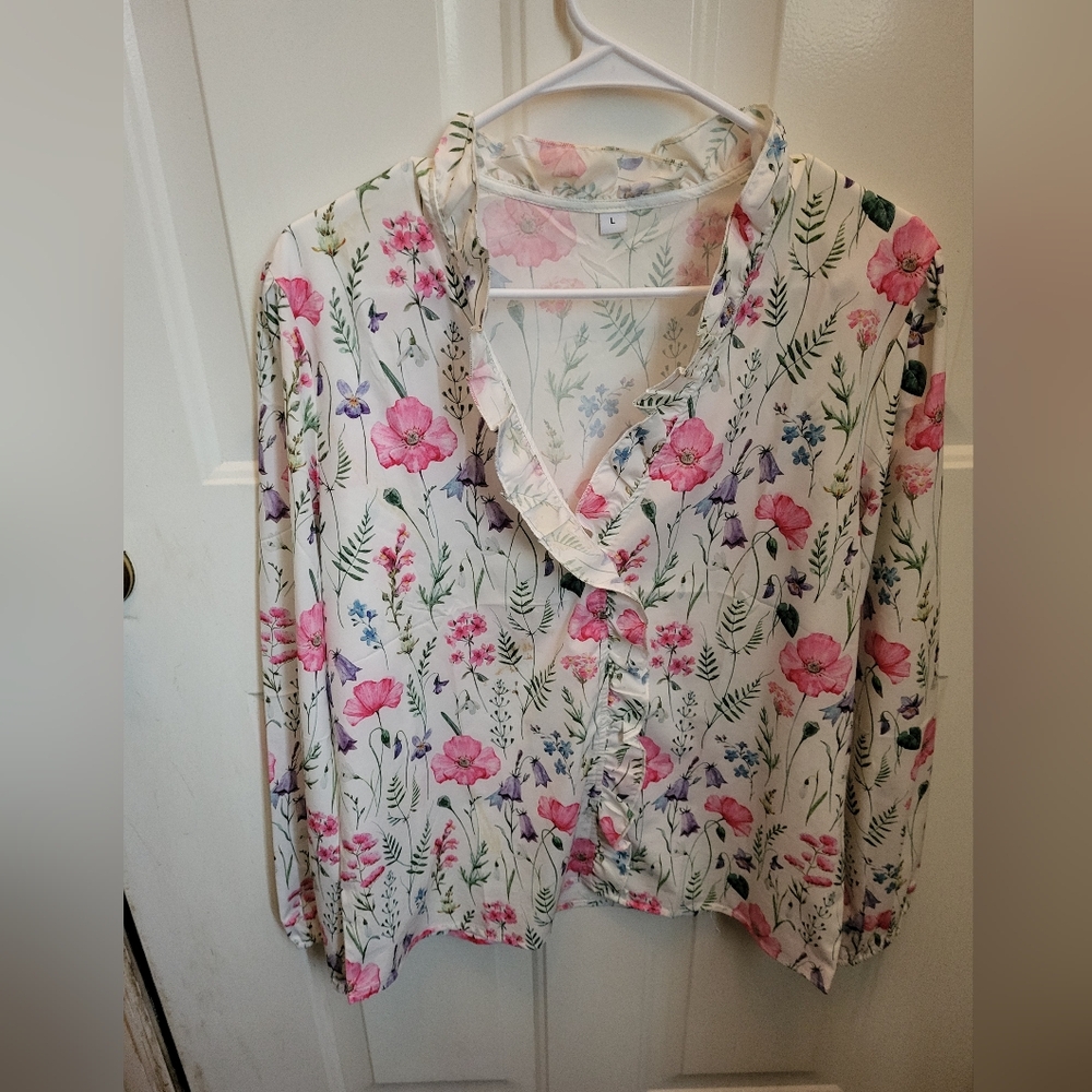 Floral Print Ruffle Trim Blouse, Long Sleeve Dressy Ladies Top Sz L